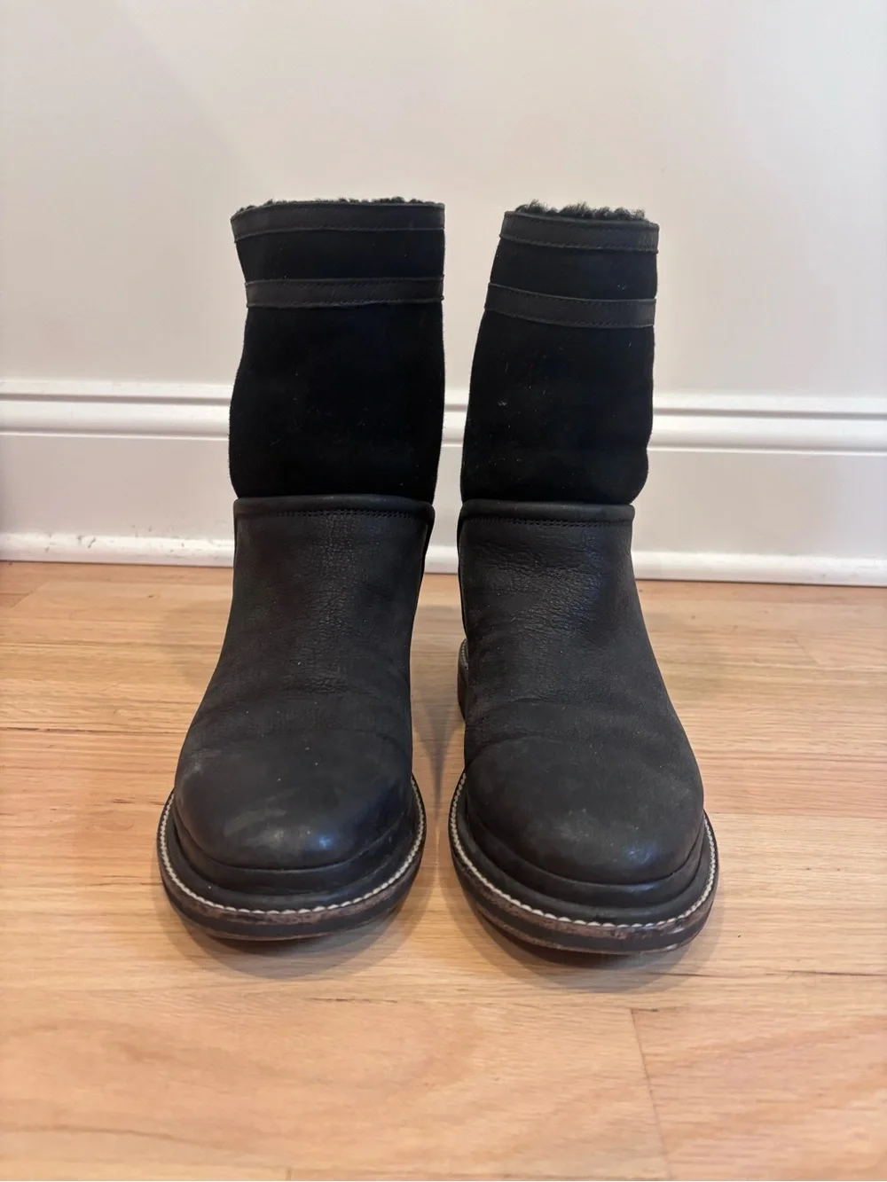 CHANEL black leather & suede boots with an embossed CC logo on heel size 37